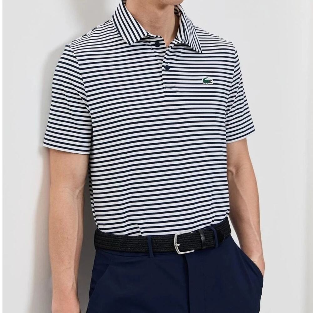 Lacoste Sport Mens Performance Golf Polo Small UV Protect Blue White Stripe